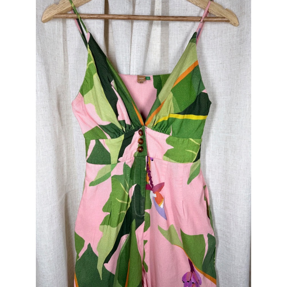 Farm Rio Tropicalistic Jumpsuit Pink Tropical Print Linen Blend Size P Pockets - Picture 3 of 9
